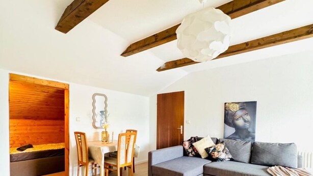 Un dormitorio moderno con cama, sofá, mesa de comedor y techo de madera.