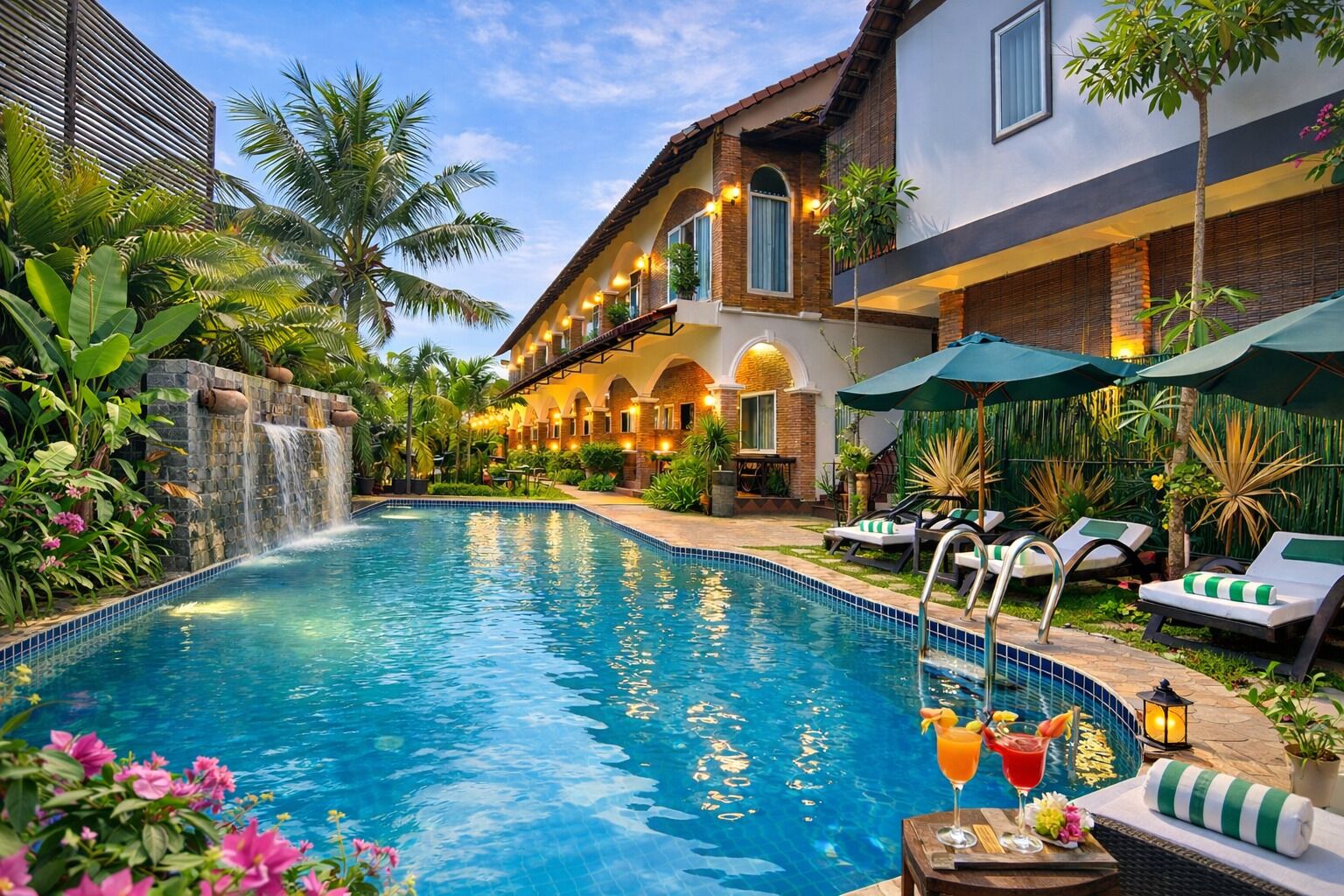 Piscine couverte, parasols de plage