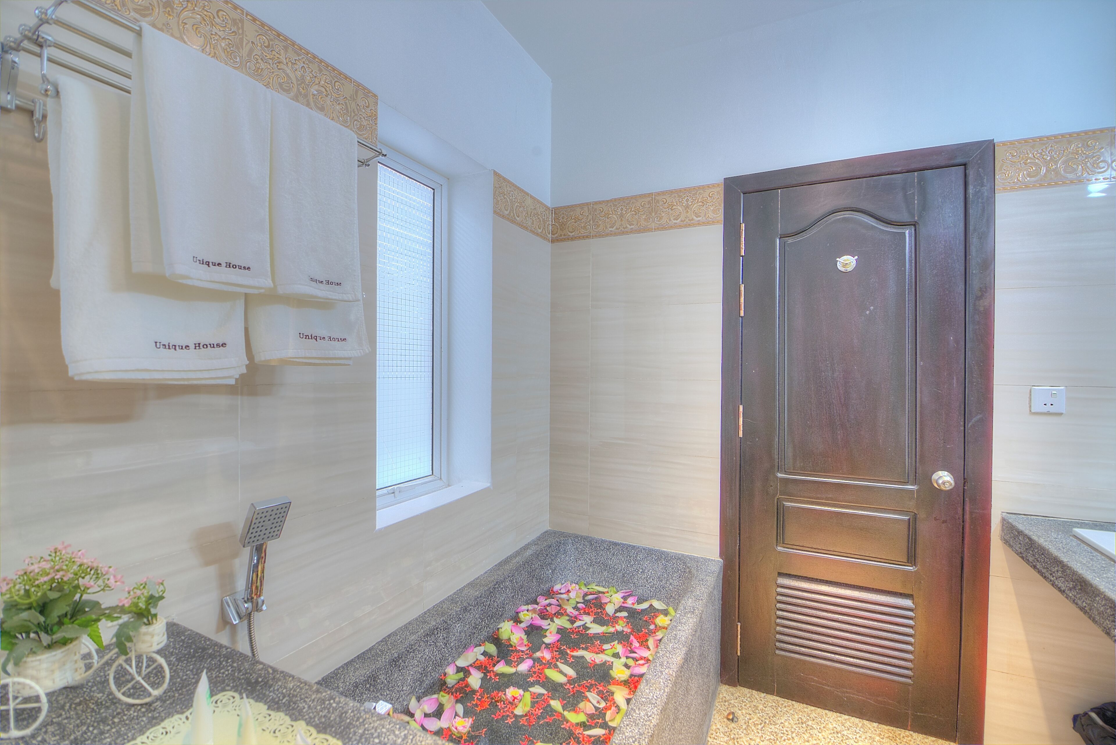 Hair dryer, towels, soap, shampoo