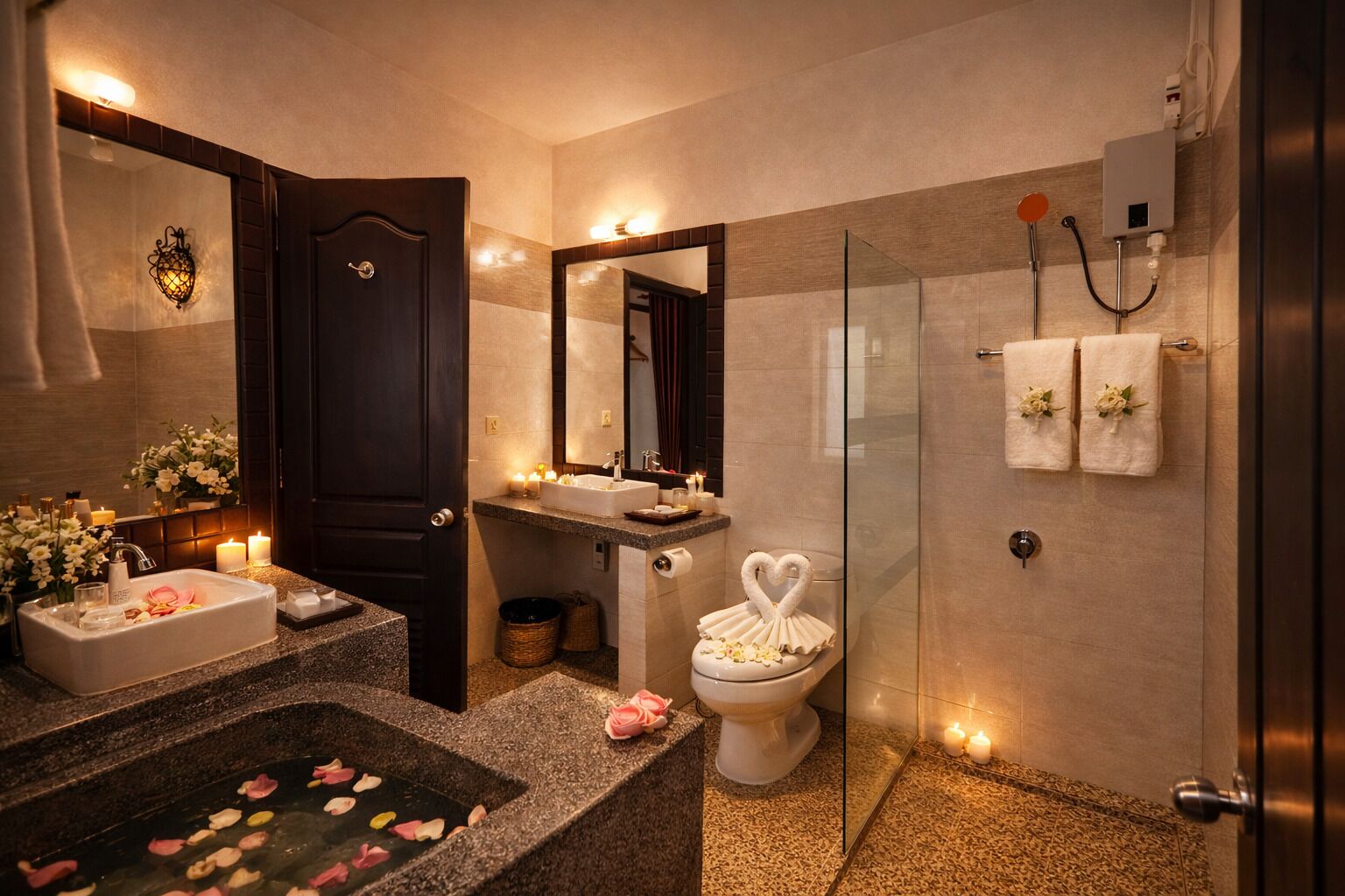 Hair dryer, bathrobes, slippers, towels