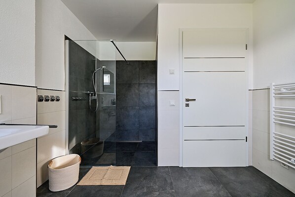 Hair dryer, towels, soap, toilet paper