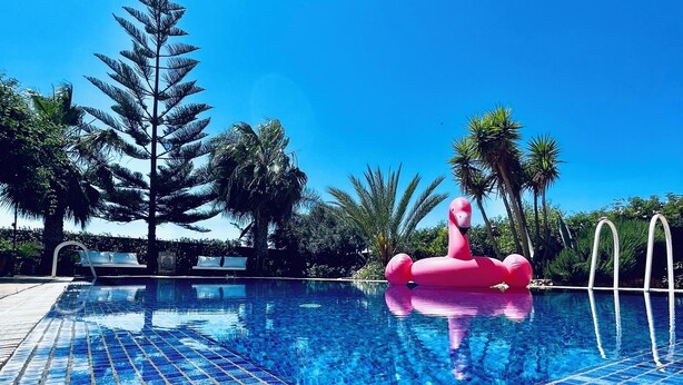 A swimming pool with blue mosaic tiles, surrounded by palm trees and a clear blue sky. - Riad Sahara Experience • Swimming pool (Souss-Massa Belfaa)