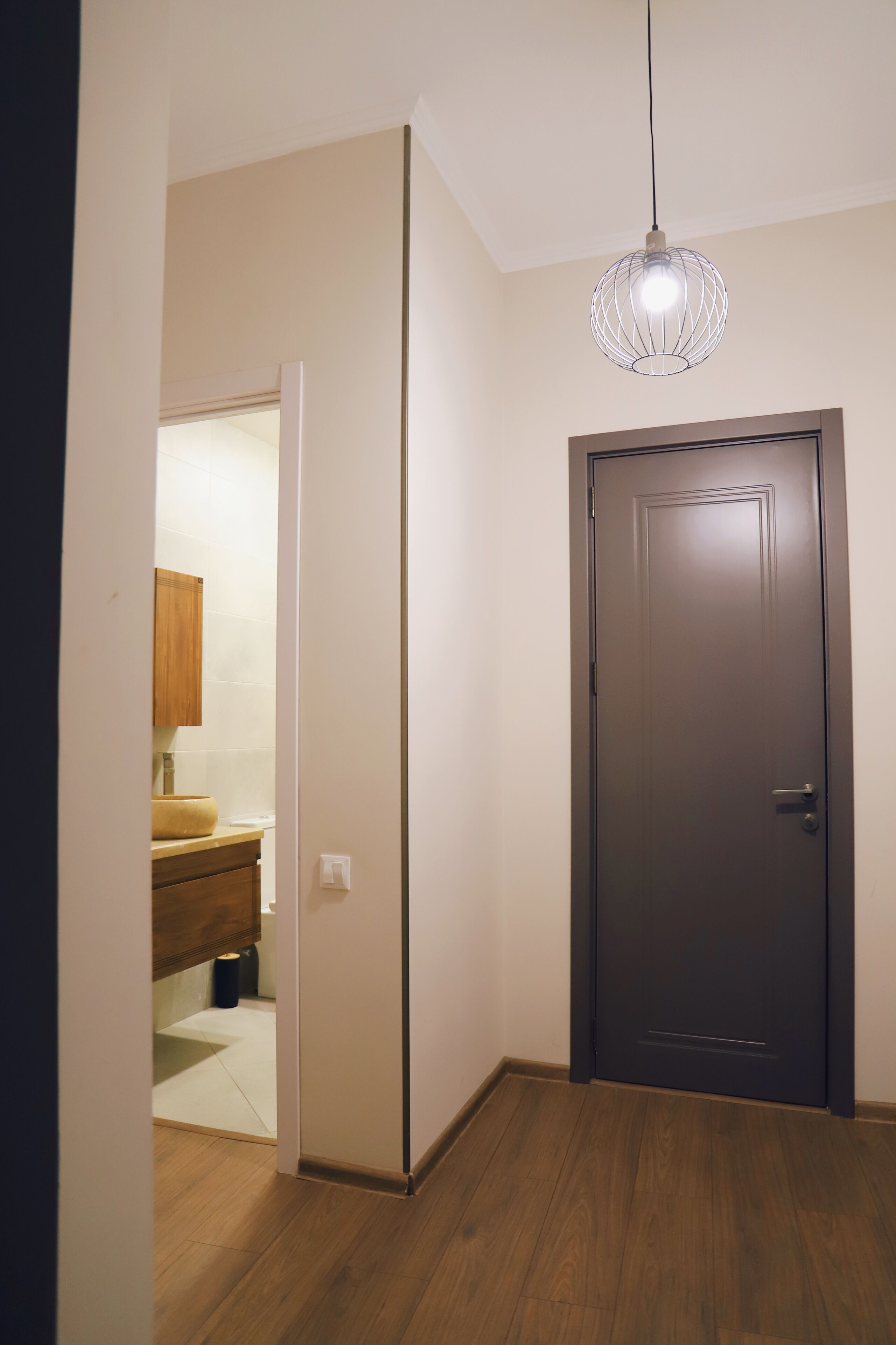 Een gang met een houten vloer, een donkere deur en een hanglamp.