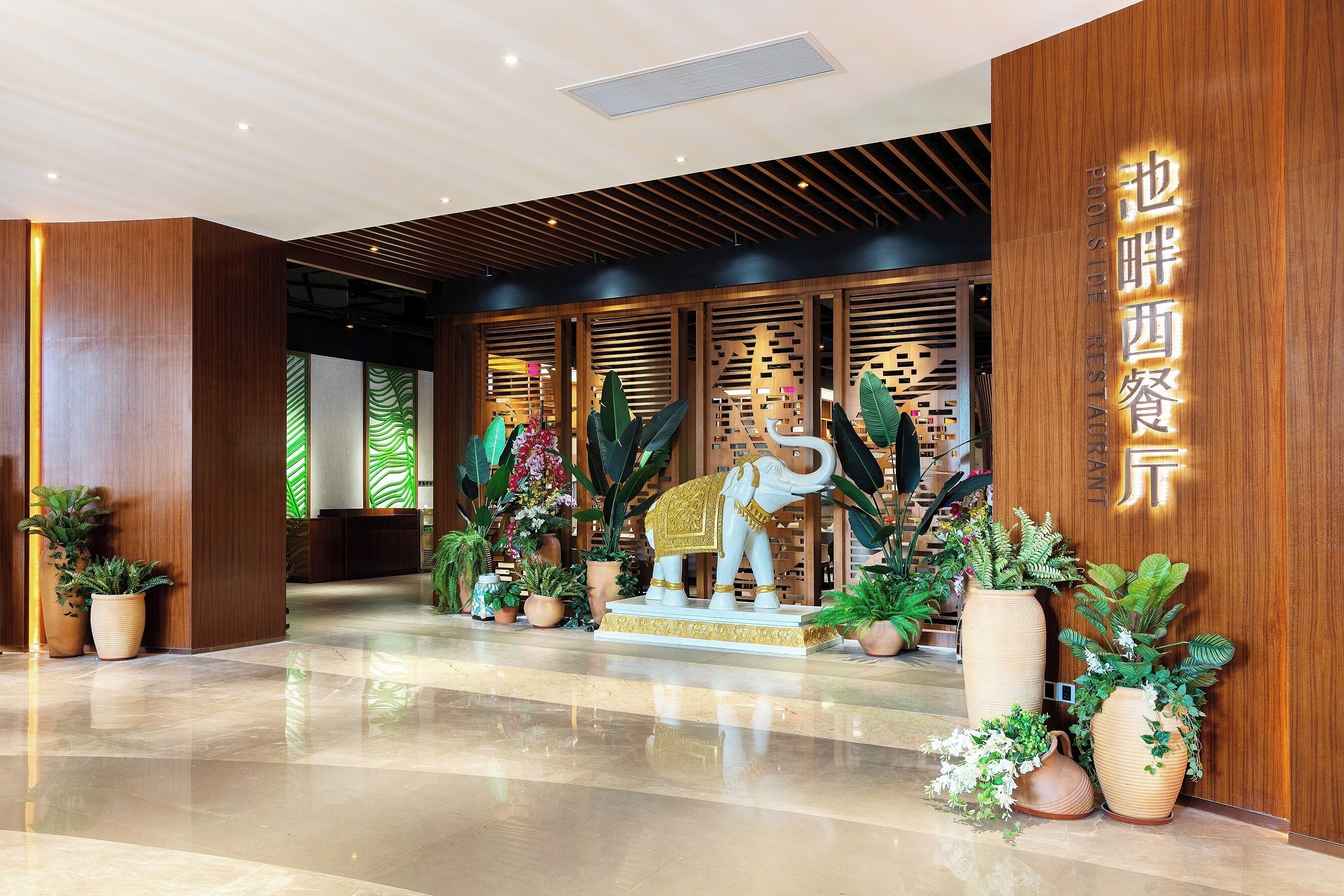 Zona de recepción con mostrador de madera, plantas en macetas y una estatua de elefante.