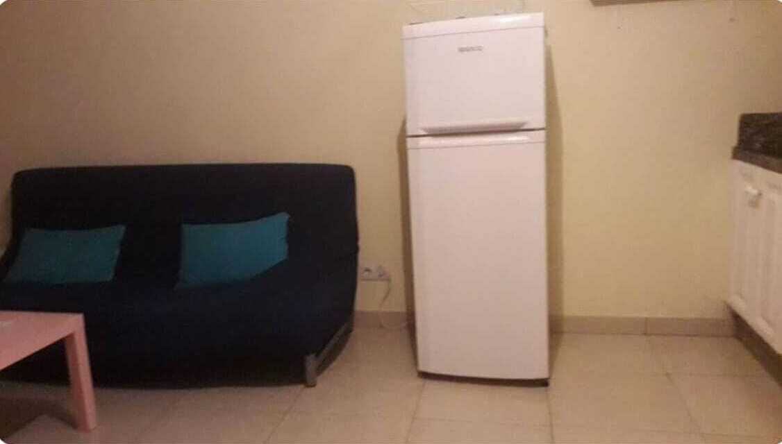 Ein kompakter Wohnraum mit einem dunkelgrauen Sofa an der Wand, einem weißen Kühlschrank und einem kleinen Tisch.