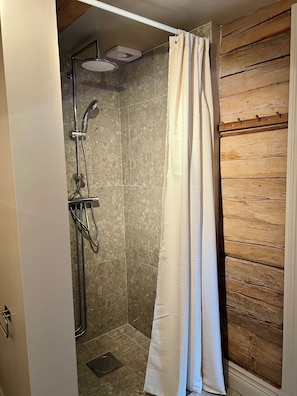 A shower area with a showerhead, handheld shower, and a shower curtain.