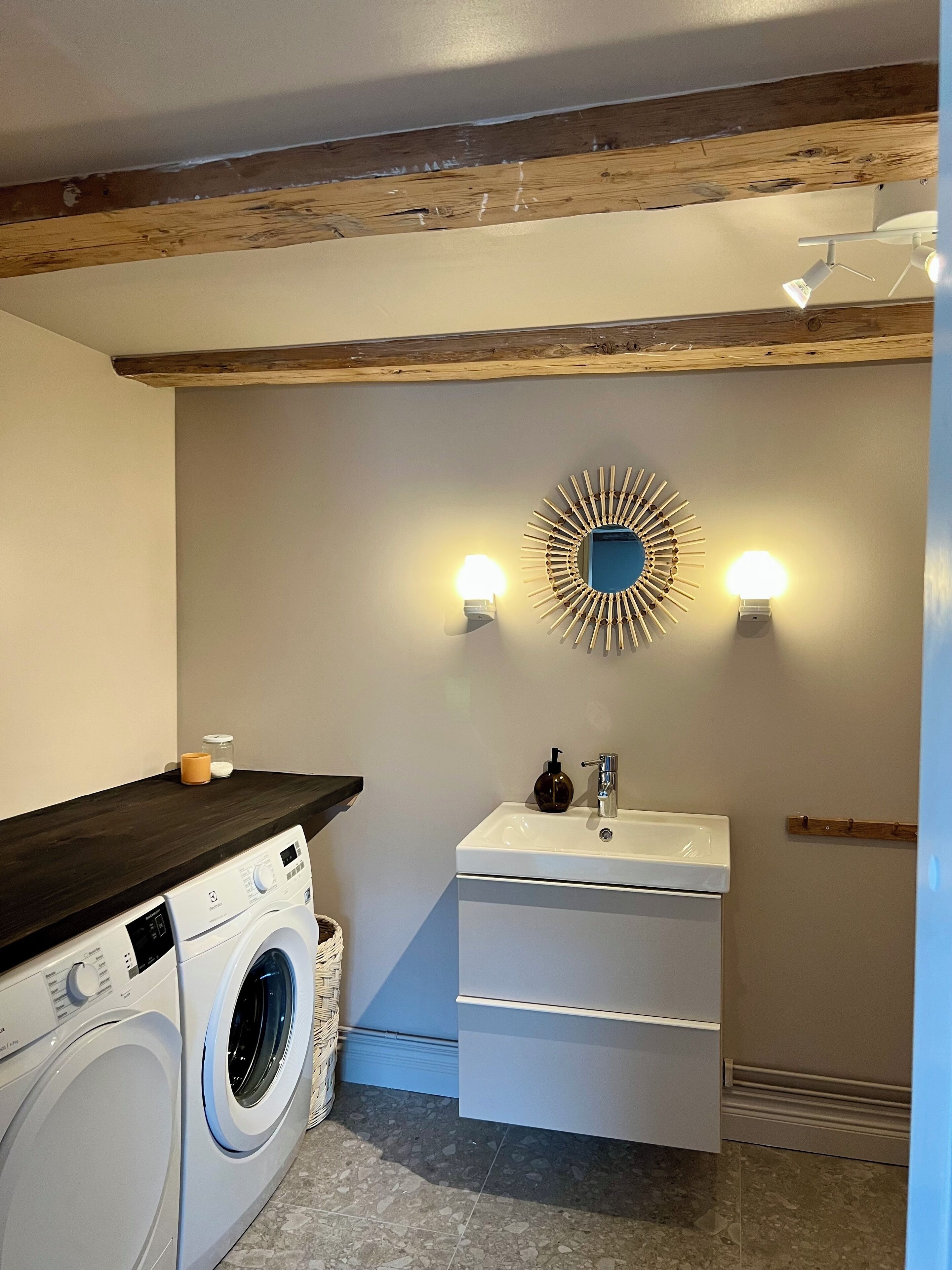 Hair dryer, towels, soap, toilet paper