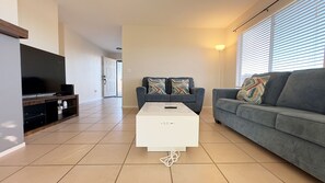 TV, fireplace, books