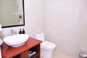 A bathroom with a white sink, a mirror, a toilet, and a shower.