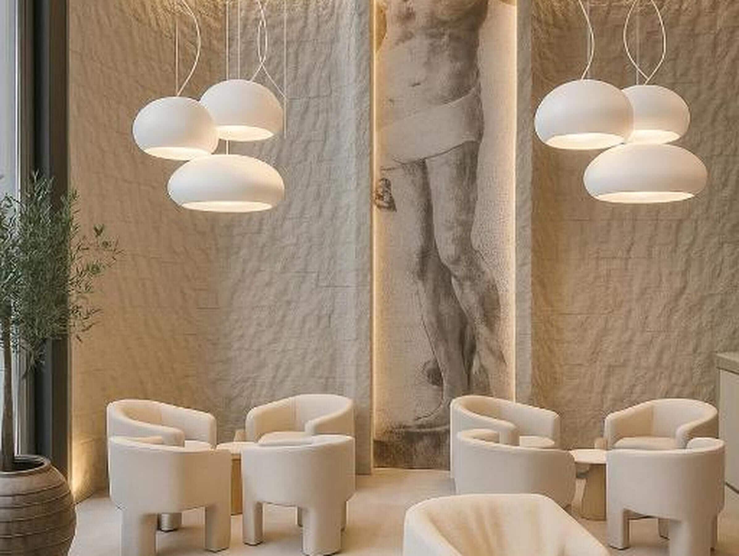 A modern interior with a marble wall, a large plant, and a seating area with white chairs.
