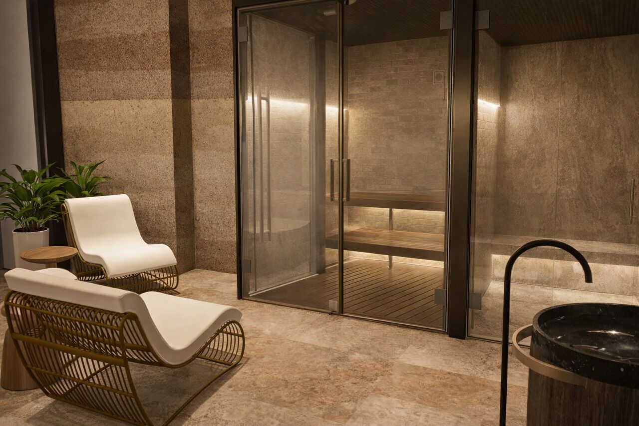 A modern spa area with a glass-enclosed sauna, two lounge chairs, a round wooden bench, and a large black basin.