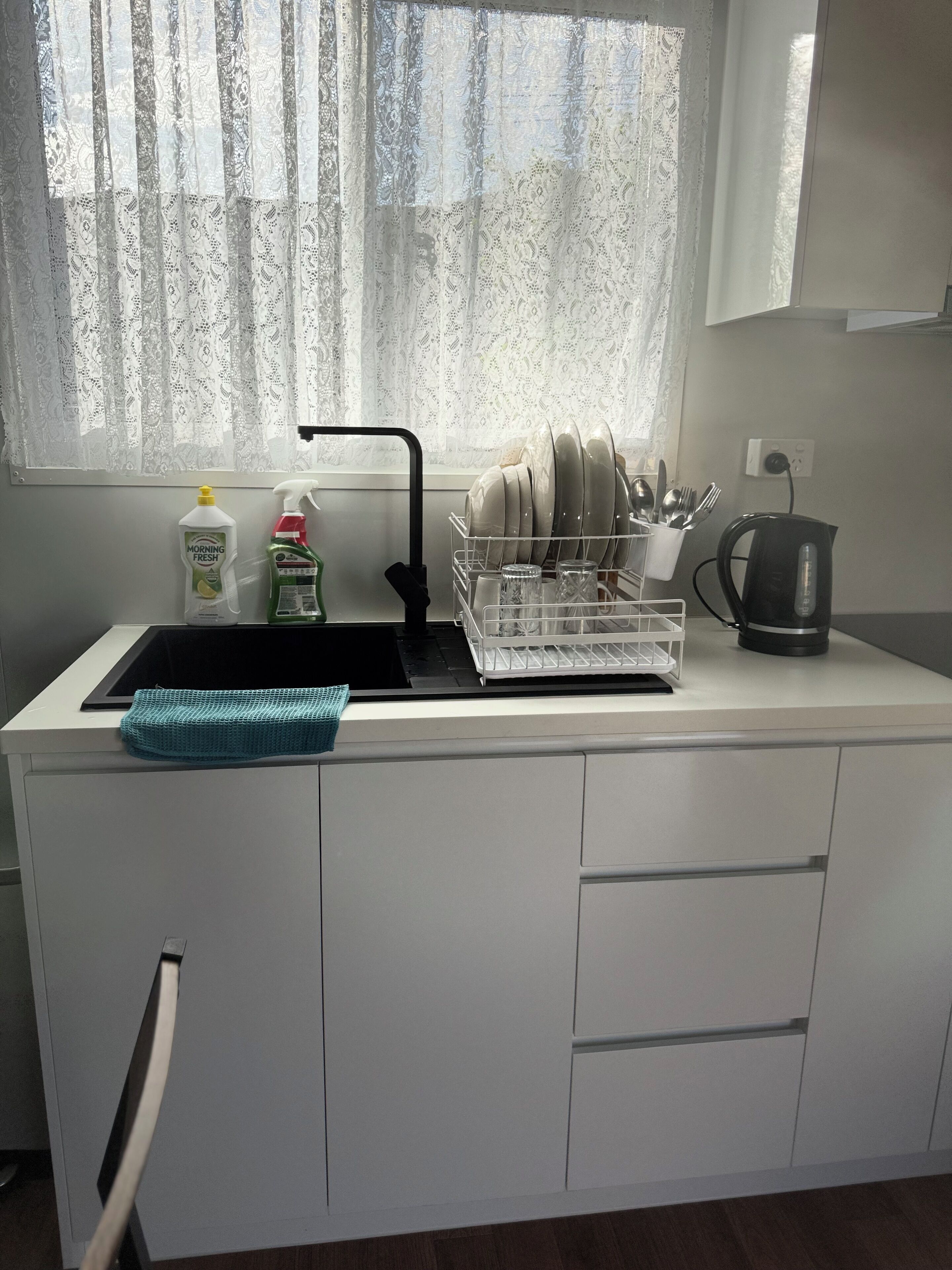 Fridge, microwave, stovetop, electric kettle