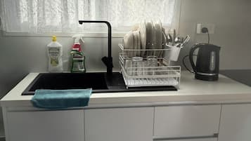 Fridge, microwave, stovetop, electric kettle