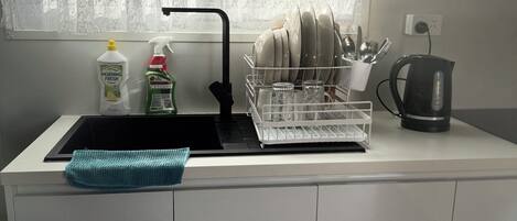 Fridge, microwave, stovetop, electric kettle