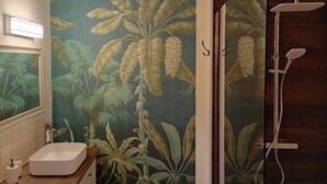 Een badkamer met een douche, een wastafel en een spiegel.
