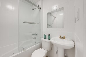 Hair dryer, towels, soap, toilet paper