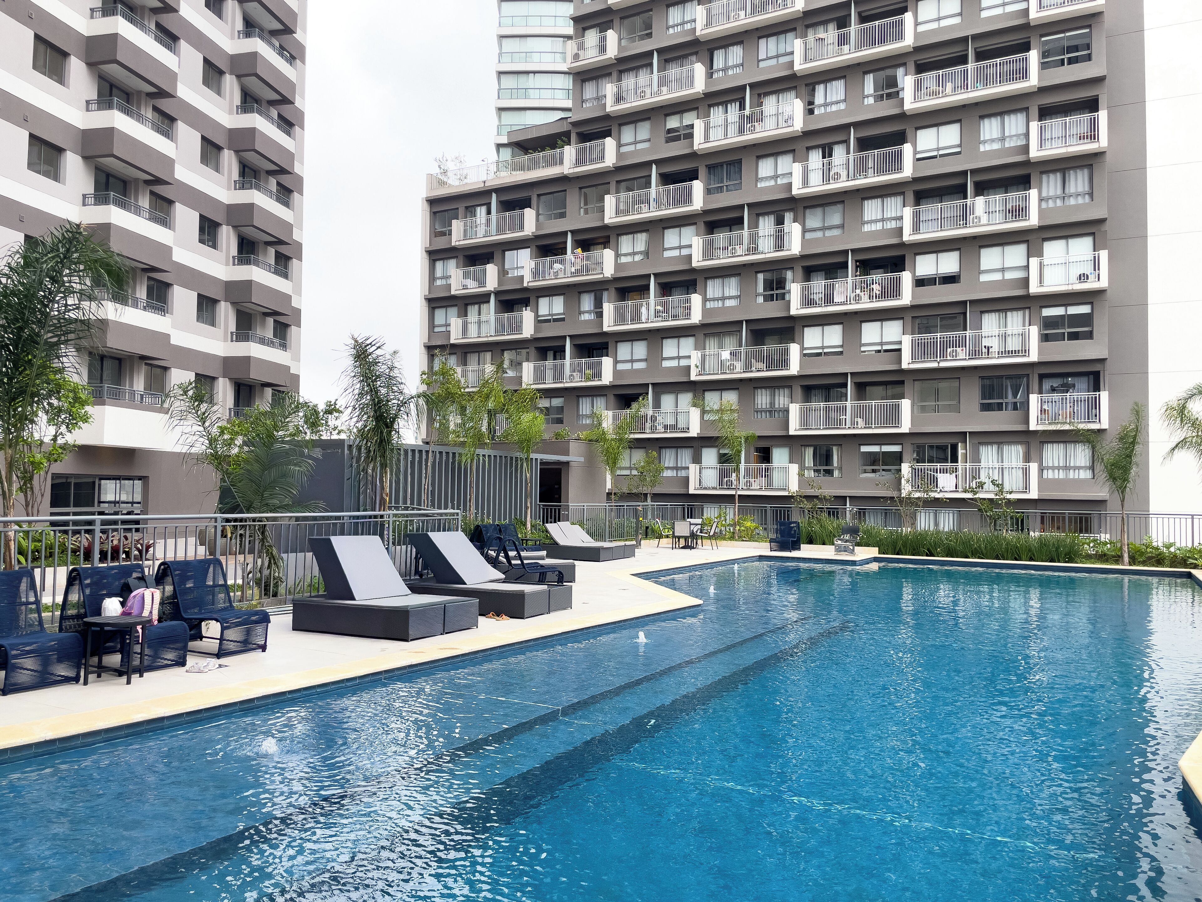 Outdoor pool, pool umbrellas, pool loungers