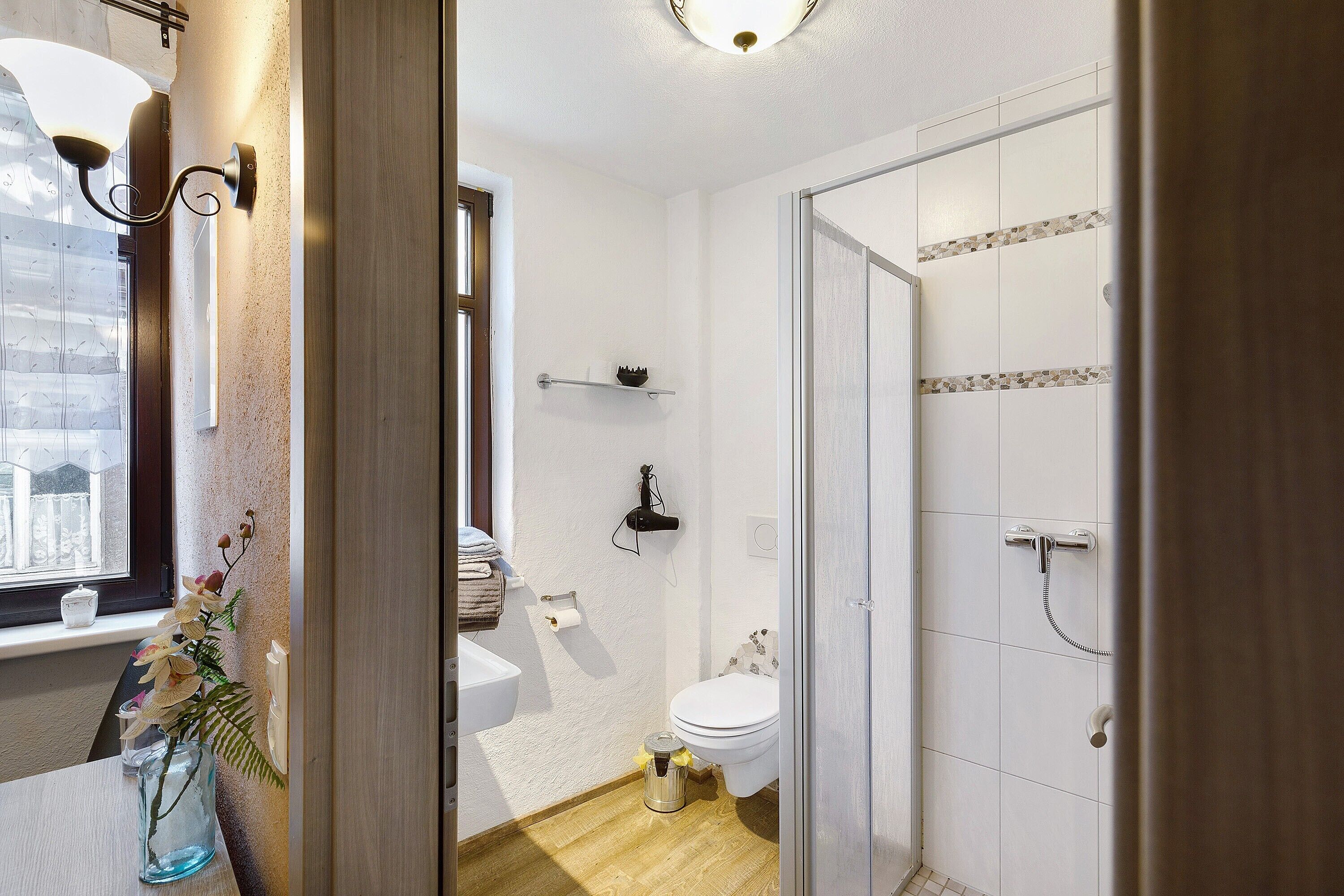 Shower, hair dryer, towels