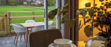 A dining area with a table and chairs, a view of a green field and houses, and a potted plant.