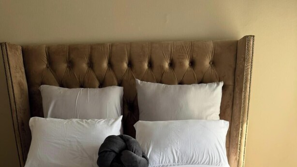 A neatly made bed with a tufted headboard, white linens, and a dark throw blanket.
