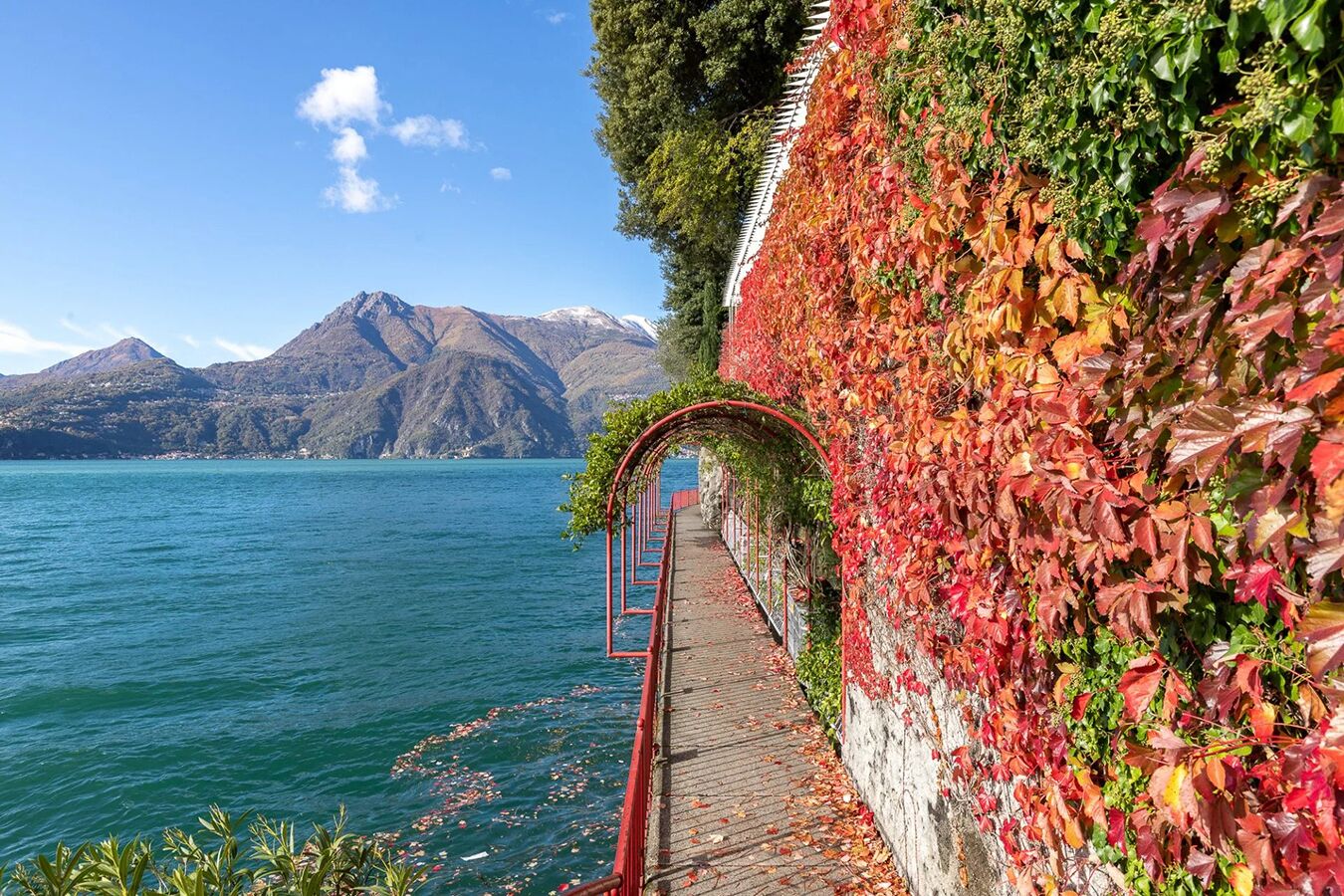 Un sentiero che conduce a un lago, con montagne sullo sfondo e un muro ricoperto di foglie autunnali.