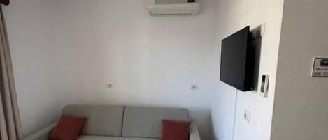 Una sala de estar con un sofá, un televisor de pantalla plana montado en la pared y un equipo de aire acondicionado.