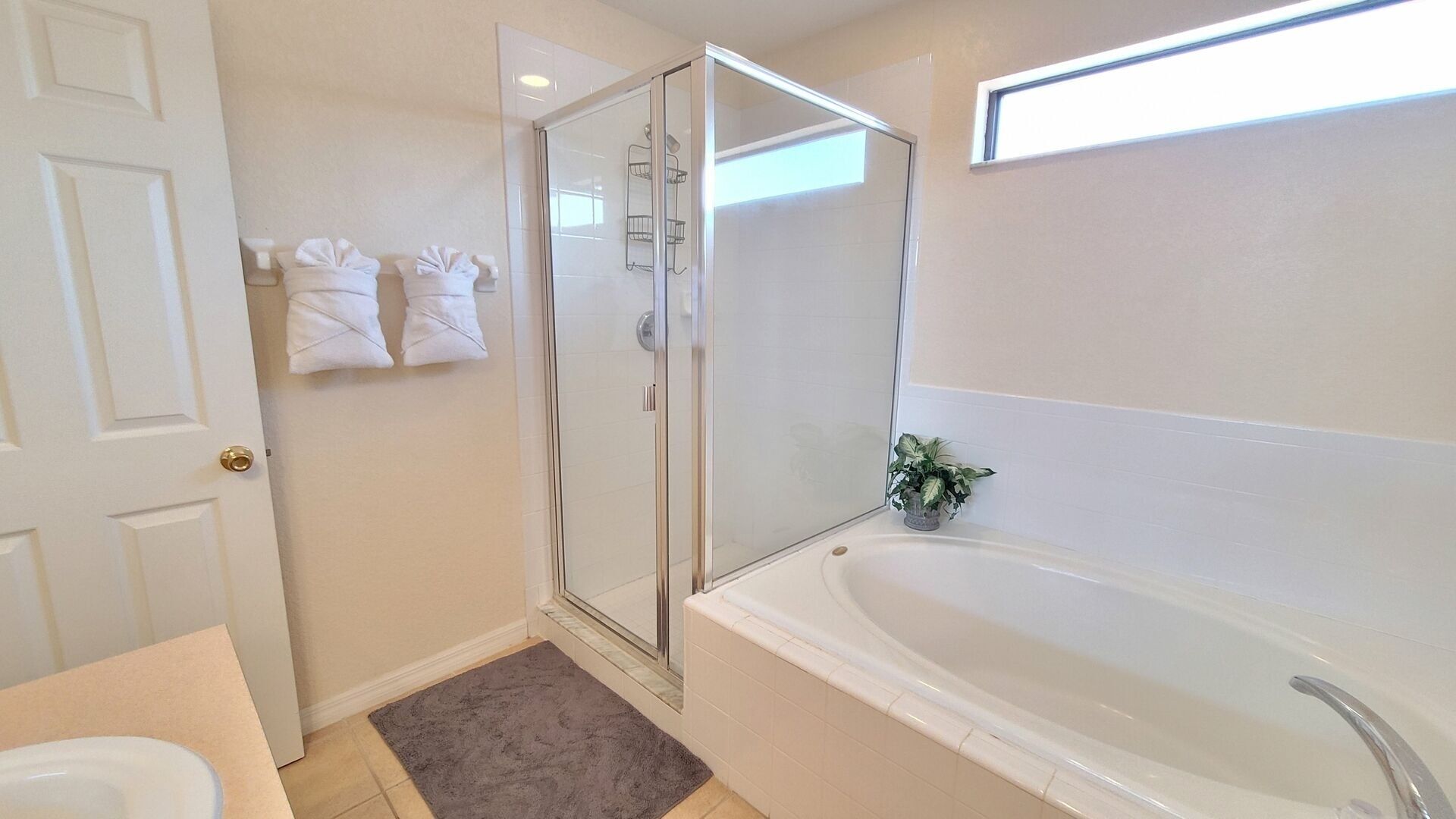 Ein modernes Badezimmer mit Duschkabine aus Glas, einer großzügigen Badewanne und einem kleinen Blumentopf.