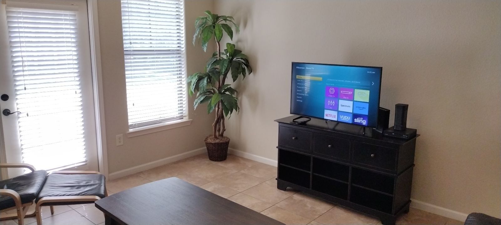 A living room with a flat-screen TV on a black stand, a potted plant, a leather sofa, and a dining table.