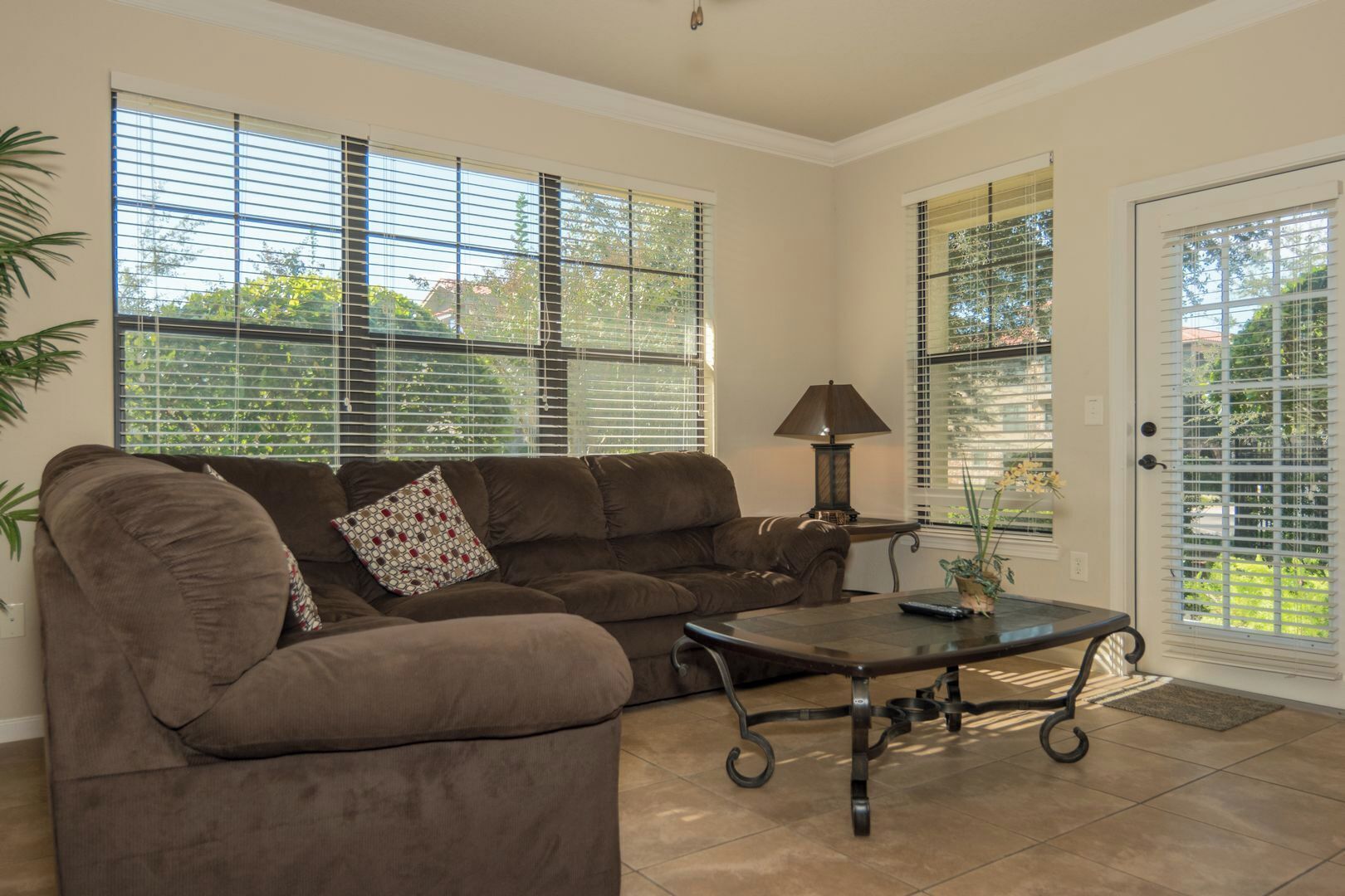 A living room with a brown sofa, a coffee table, and a lamp. There are large windows with blinds, a door with a glass panel, and a potted plant on the windowsill.