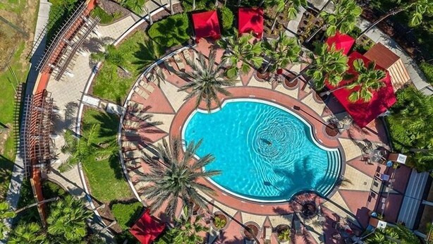 A circular pool surrounded by palm trees and red umbrellas, with a paved walkway and a covered seating area. - Sol826sc 4bed Solana Private Pool Home 4 Bedroom Home (Davenport)