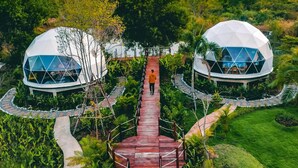 Two geodesic dome structures connected by a central pathway, surrounded by lush greenery and a small body of water.