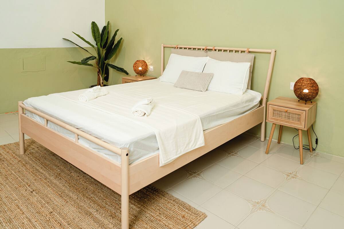A neatly made bed with a white comforter and pillows, a bedside table with a lamp, and a potted plant.