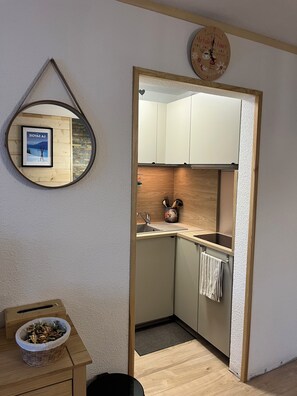 Microwave, oven, stovetop, dishwasher - Le corbier Fully renovated 4-5 person apartment, at the foot of the slopes, view. (Villarembert)