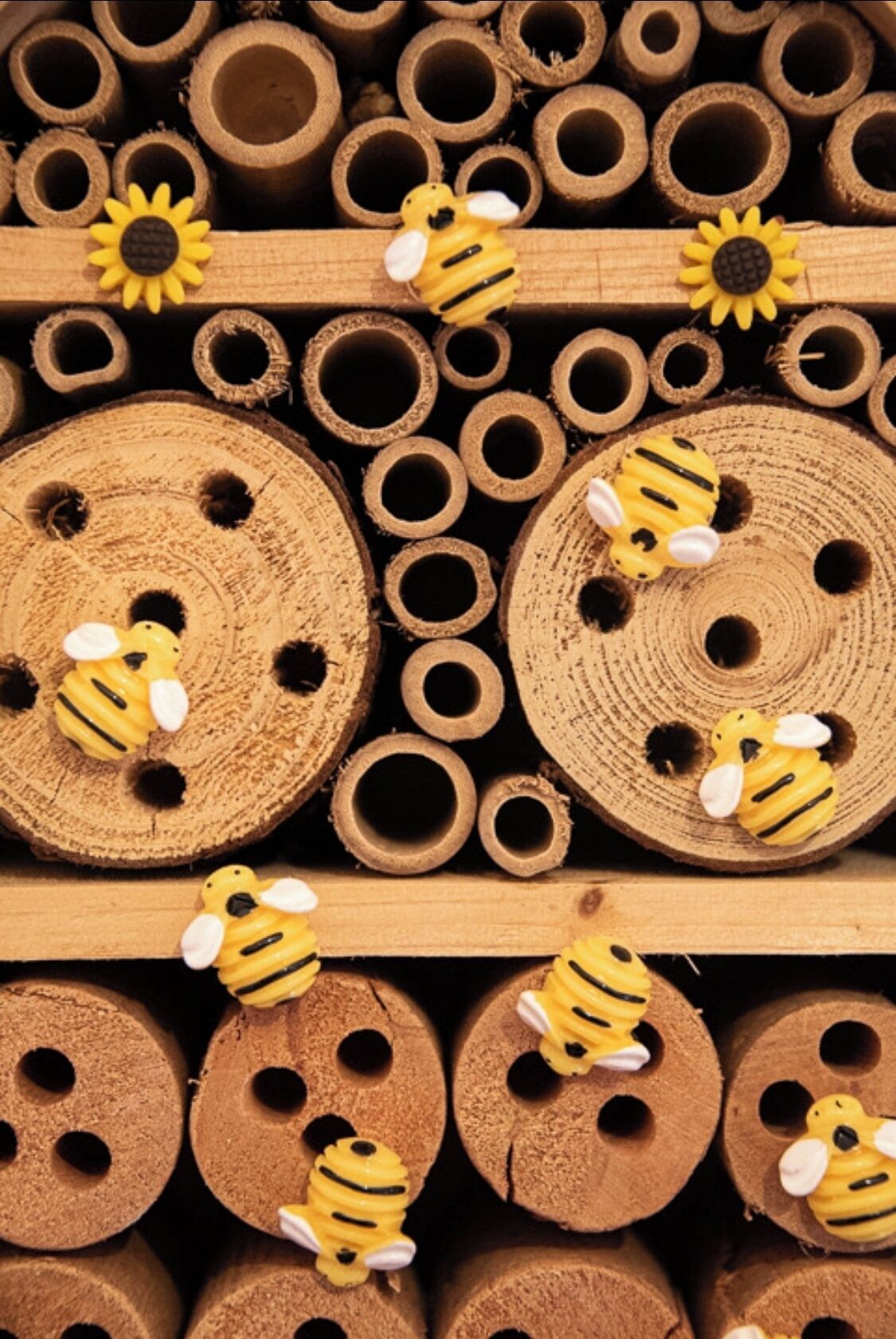 A collection of wooden dowels with holes, some featuring yellow bee decorations.