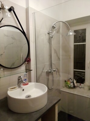 Regadera, secadora de cabello, toallas