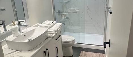 Hair dryer, towels, soap, toilet paper