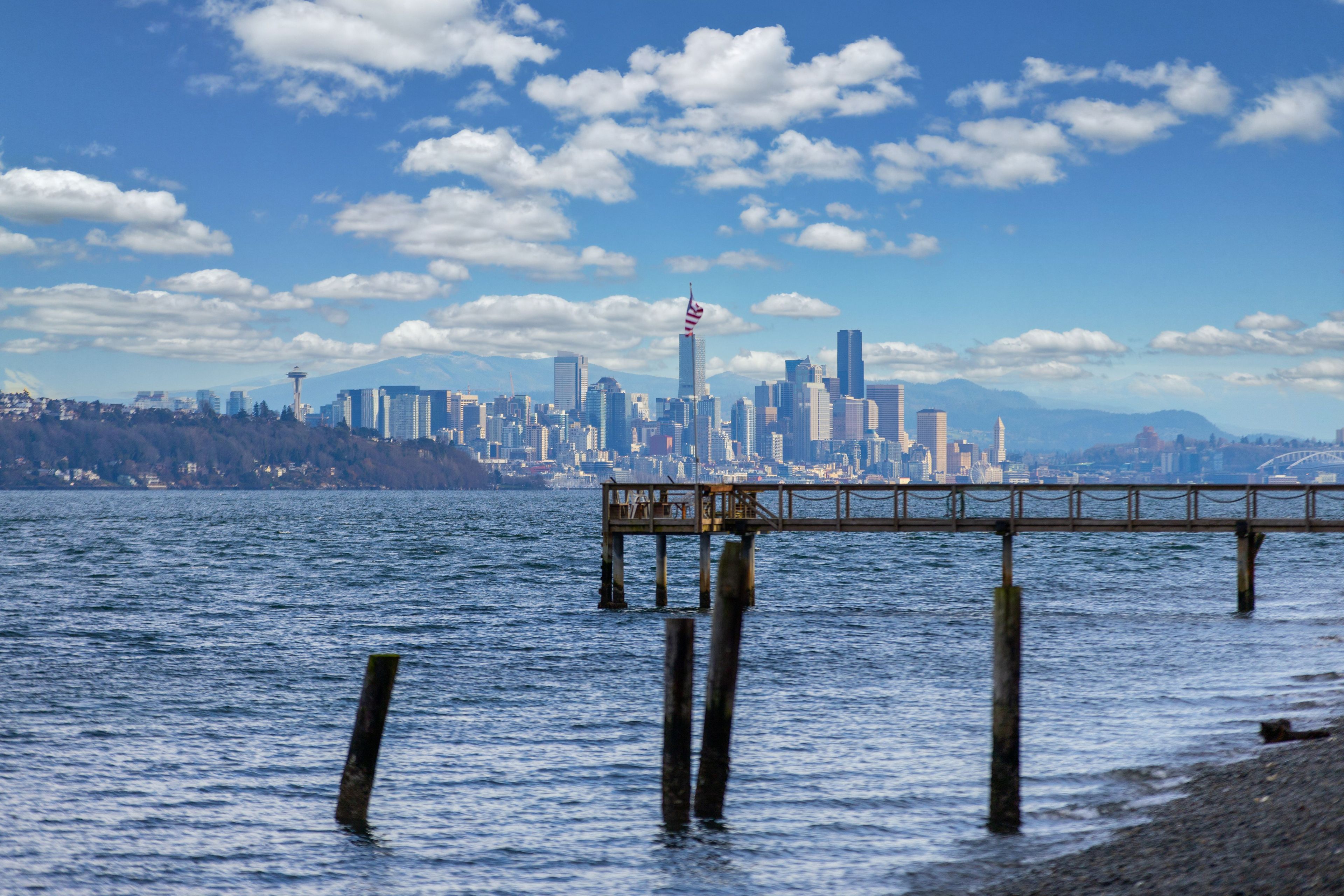 A waterfront view of a city skyline with a prominent skyscraper and a bridge.