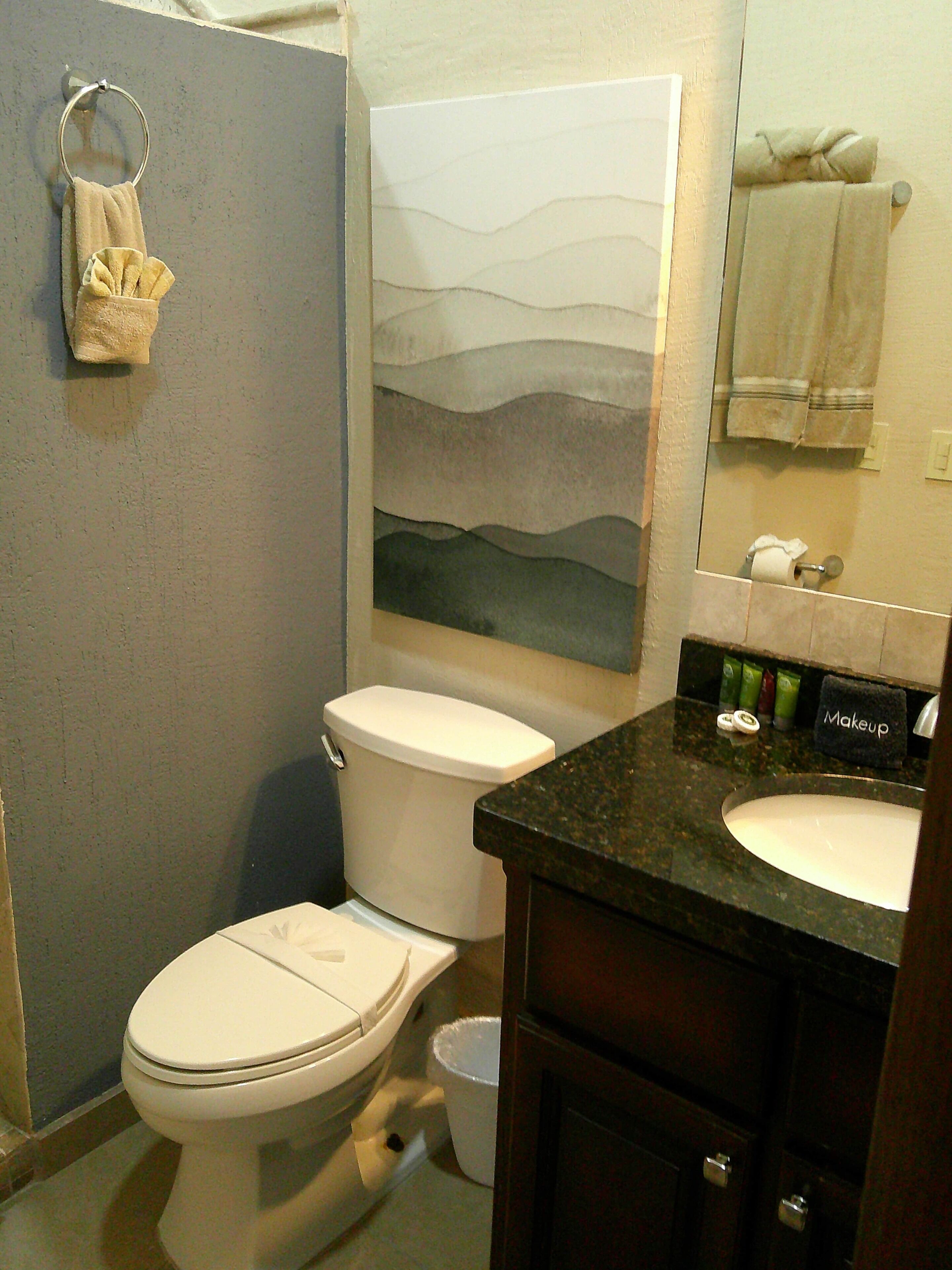 A bathroom with a toilet, sink, and a towel rack.