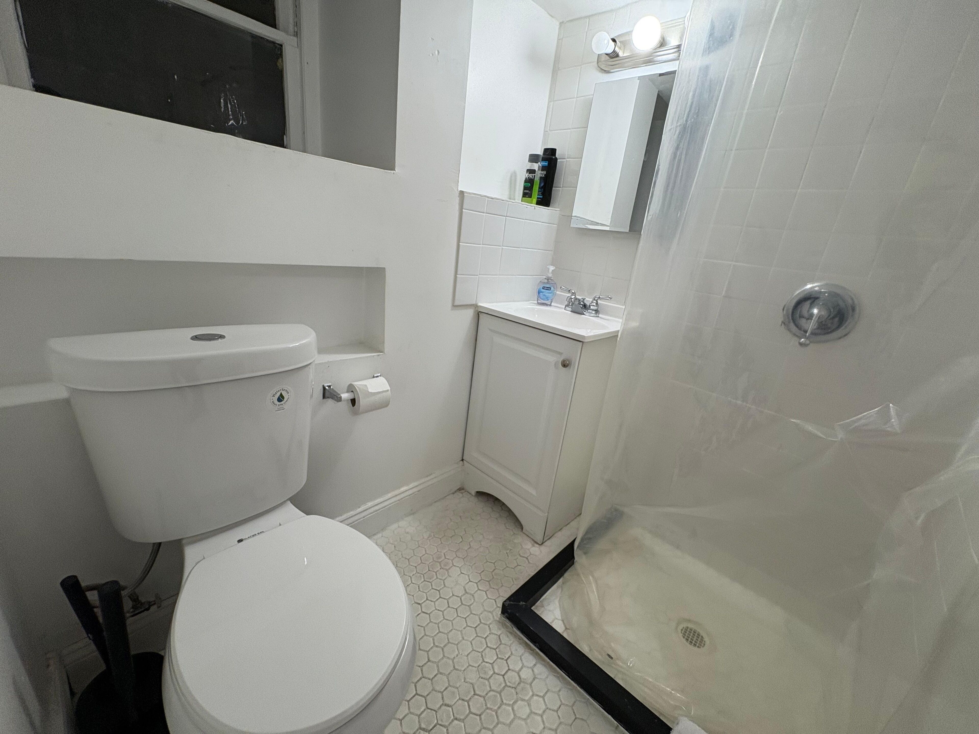 Hair dryer, towels, soap, toilet paper