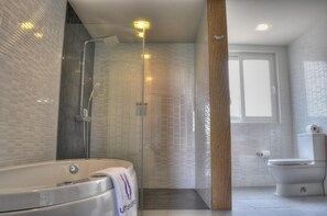 Chuveiro, secador de cabelo, toalhas de banho, sabonete