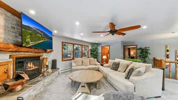 Smart TV, fireplace, books