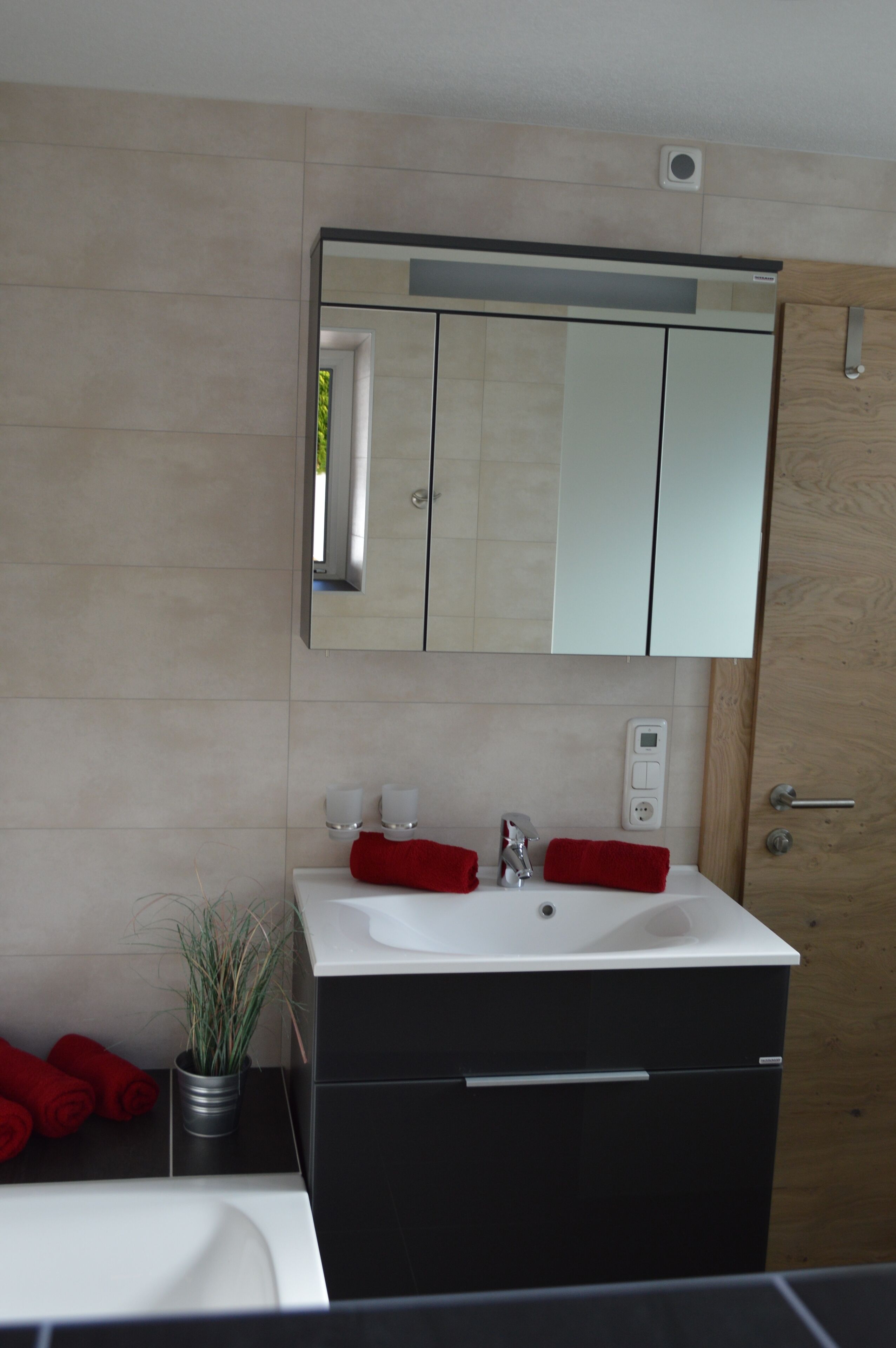 A modern bathroom with a white sink, black cabinet, and a large mirror. There are two red towels and a potted plant on the counter.