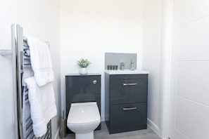Shower, hair dryer, towels, shampoo