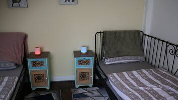 A bedroom with two beds, a nightstand with a lamp, and a rug.