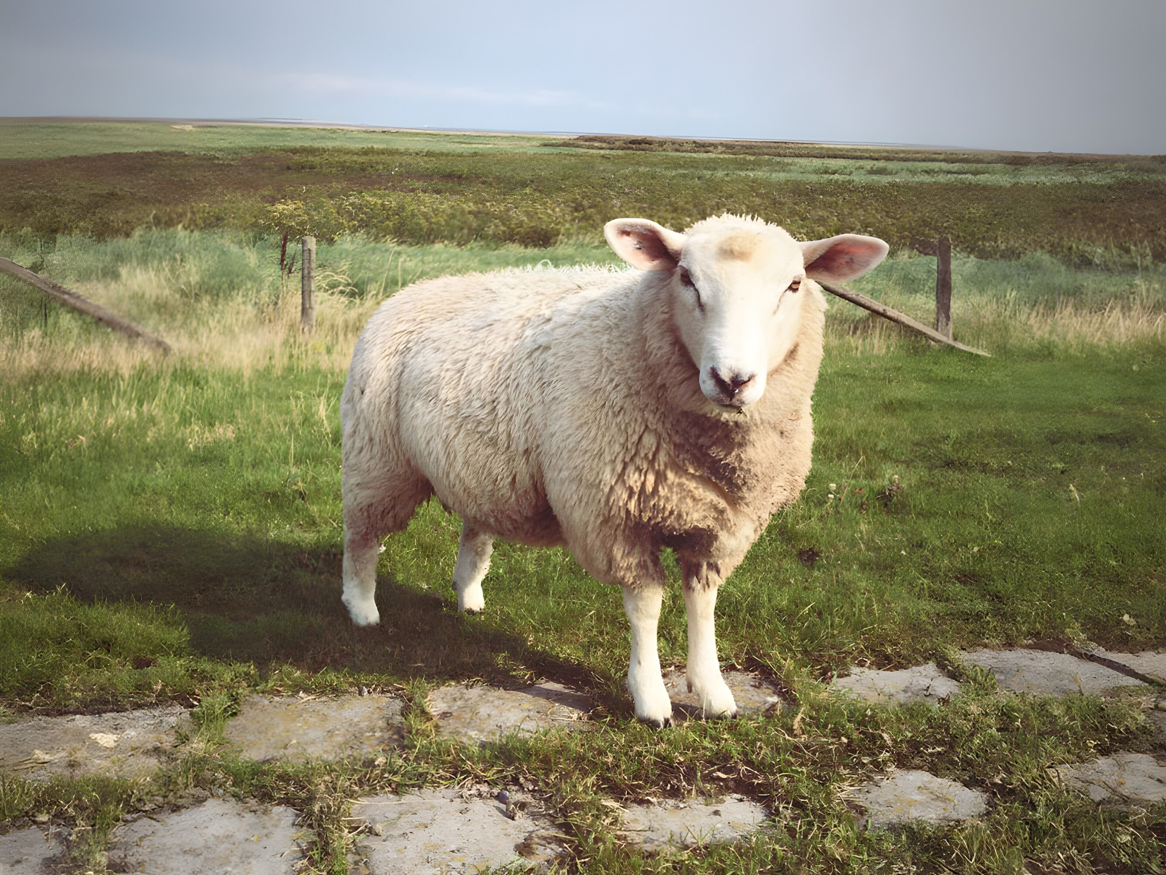 A sheep standing on a grassy field with a fence in the background.