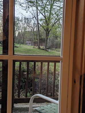 Vista a través de una ventana con barandilla de madera, un área con césped y árboles al fondo.