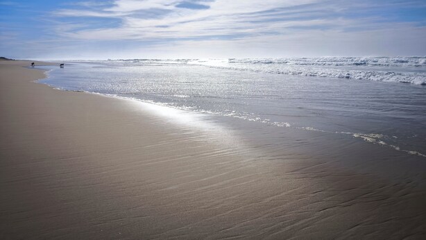 Ein Strand mit breitem Sandstrand und sanften Wellen.