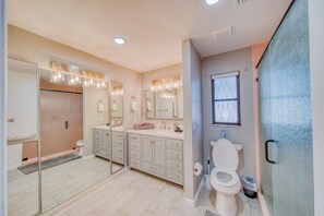 Hair dryer, towels, soap, toilet paper