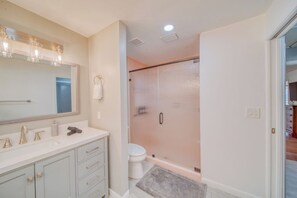 Hair dryer, towels, soap, toilet paper