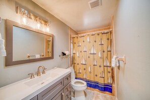 Hair dryer, towels, soap, toilet paper